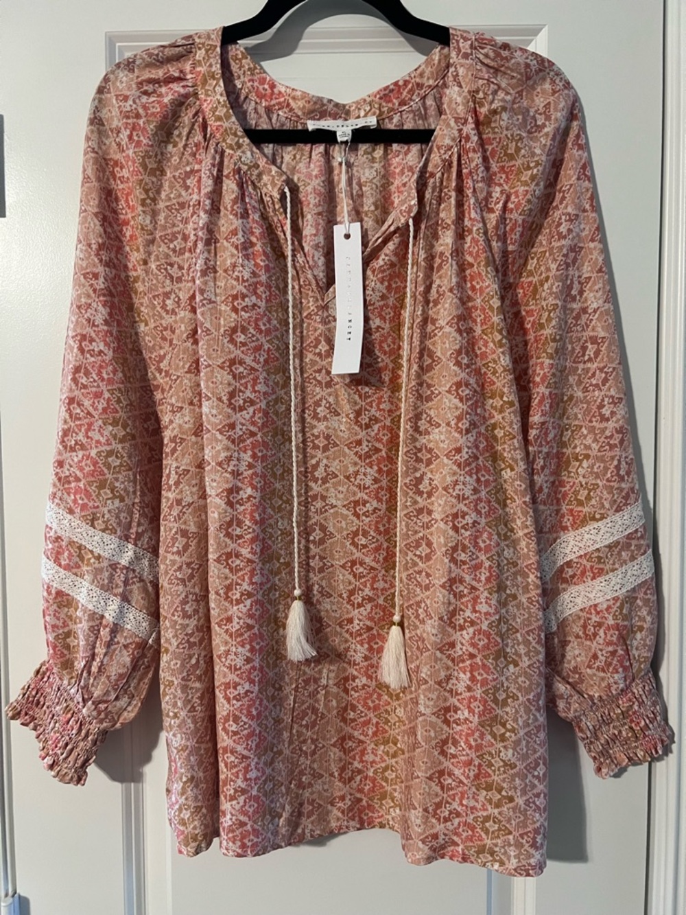 Soft Pink Patterned Peasant Blouse with Tassel Tie